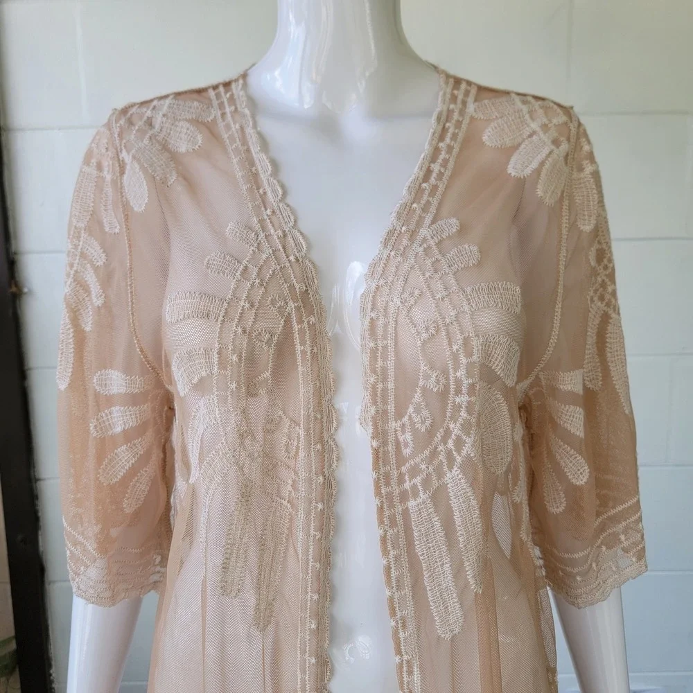 Rebellion Again Lace Mesh Kimono Cardigan Beige Women's S Boho Longline Duster